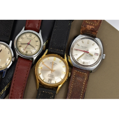 43 - FIVE GENTS WRISTWATCHES, to include a 'Cauny, Swiss 17 rubies', watch, manual wind, round silver dia... 