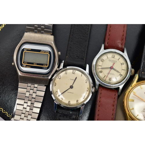 43 - FIVE GENTS WRISTWATCHES, to include a 'Cauny, Swiss 17 rubies', watch, manual wind, round silver dia... 