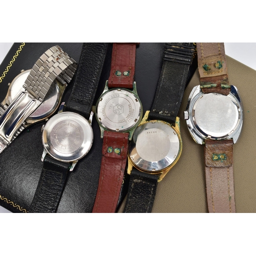 43 - FIVE GENTS WRISTWATCHES, to include a 'Cauny, Swiss 17 rubies', watch, manual wind, round silver dia... 