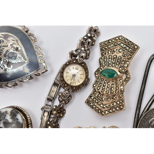 44 - A SELECTION OF JEWELLERY, to include a lady's silver and marcasite 'Avia' wristwatch, manual wind, A... 