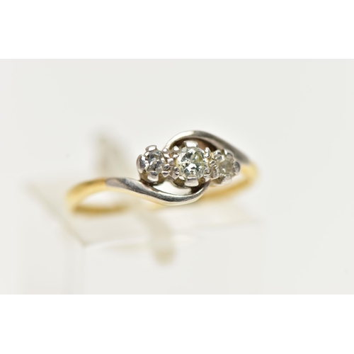 49 - A YELLOW METAL THREE STONE DIAMOND RING, designed with a central claw set, round brilliant cut diamo... 