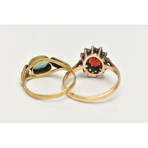 50 - TWO GEM SET RINGS, the first a 9ct yellow gold cluster ring, set with a central claw set, oval cut g... 