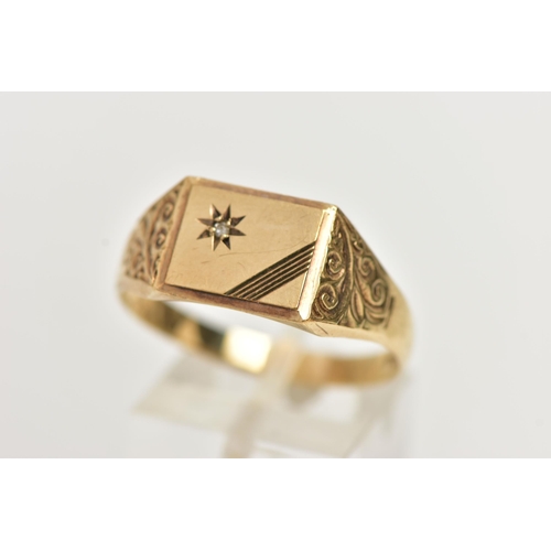 52 - A GENTS 9CT GOLD DIAMOND SET SIGNET RING, of a rectangular form, with a star set single cut diamond,... 