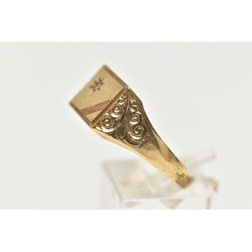 52 - A GENTS 9CT GOLD DIAMOND SET SIGNET RING, of a rectangular form, with a star set single cut diamond,... 