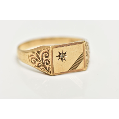 52 - A GENTS 9CT GOLD DIAMOND SET SIGNET RING, of a rectangular form, with a star set single cut diamond,... 