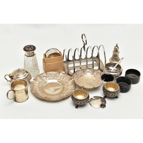 56 - A BOX OF ASSORTED SILVER AND WHITE METAL, to include a silver toast rack, hallmarked 'James Dixon & ... 