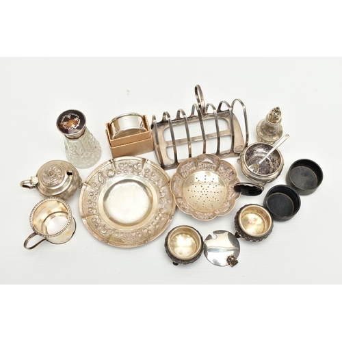 56 - A BOX OF ASSORTED SILVER AND WHITE METAL, to include a silver toast rack, hallmarked 'James Dixon & ... 