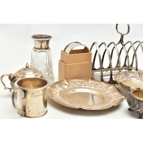 56 - A BOX OF ASSORTED SILVER AND WHITE METAL, to include a silver toast rack, hallmarked 'James Dixon & ... 