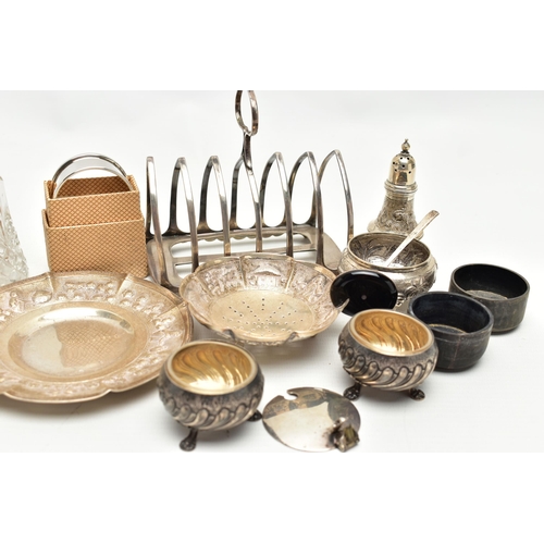 56 - A BOX OF ASSORTED SILVER AND WHITE METAL, to include a silver toast rack, hallmarked 'James Dixon & ... 