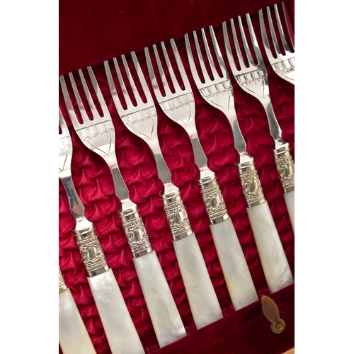 61 - A CASED SET OF TWELVE DESSERT KNIVES AND FORKS, each EPNS blade is decorated with a floral pattern, ... 