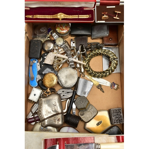 64 - A BOX OF ASSORTED ITEMS, to include a 'Timex' pocket watch, a ladys cased 'Rotary' wristwatch, a 'Wy... 