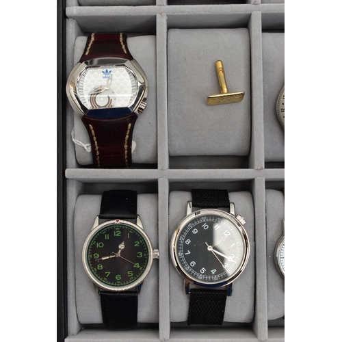 66 - A LARGE WATCH DISPLAY CASE WITH WATCHES, faux black leather case with Perspex lid, push release clas... 