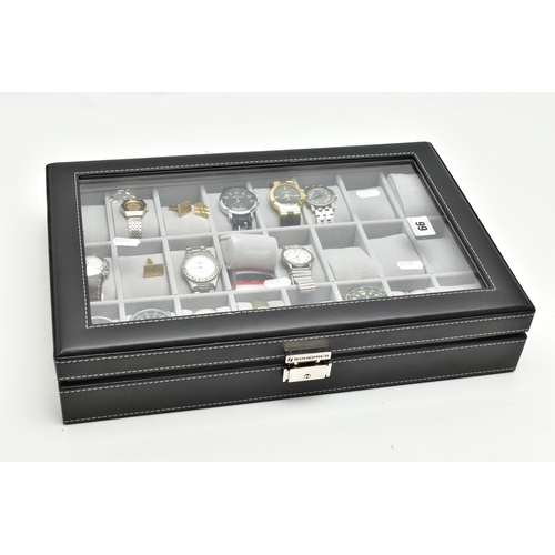 66 - A LARGE WATCH DISPLAY CASE WITH WATCHES, faux black leather case with Perspex lid, push release clas... 