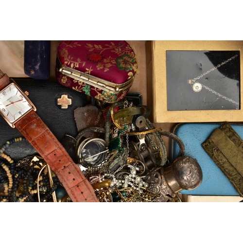 68 - A BOX OF ASSORTED COSTUME JEWELLERY AND WATCHES, to include beaded necklaces, imitation pearl neckla... 