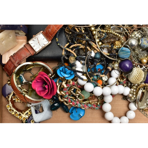 68 - A BOX OF ASSORTED COSTUME JEWELLERY AND WATCHES, to include beaded necklaces, imitation pearl neckla... 