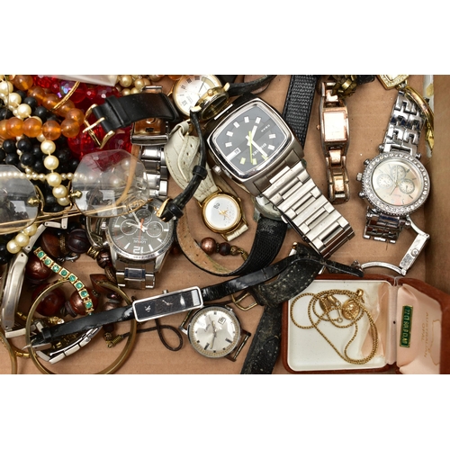 68 - A BOX OF ASSORTED COSTUME JEWELLERY AND WATCHES, to include beaded necklaces, imitation pearl neckla... 