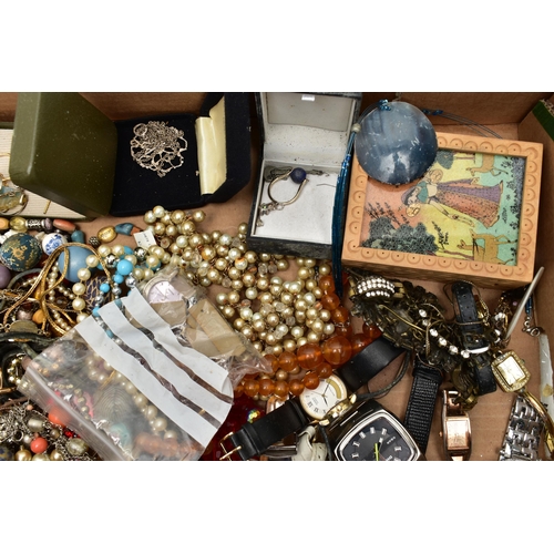 68 - A BOX OF ASSORTED COSTUME JEWELLERY AND WATCHES, to include beaded necklaces, imitation pearl neckla... 