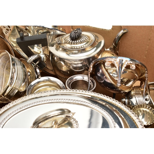 69 - A BOX OF ASSORTED WHITE METAL TABLEWARE, to include a revolving cover butter dish, a tea urn, a four... 