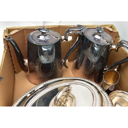 69 - A BOX OF ASSORTED WHITE METAL TABLEWARE, to include a revolving cover butter dish, a tea urn, a four... 