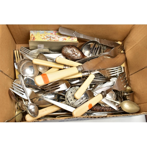 71 - A BOX OF ASSORTED CANTEENS AND CUTLERY, to include an incomplete canteen of cutlery, a cased three p... 