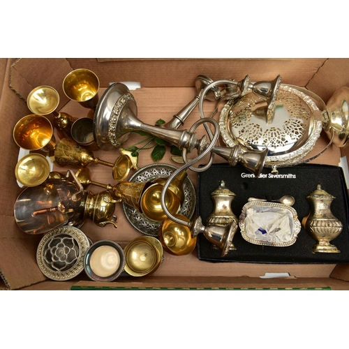 72 - A BOX OF ASSORTED ITEMS, to include a white metal candelabra, a condiment set, a posey vase, a rose ... 