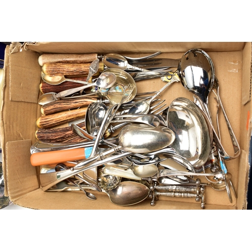 73 - A BOX OF ASSORTED CUTLERY, a large assortment of cutlery, an incomplete wooden canteen, a tray, a co... 