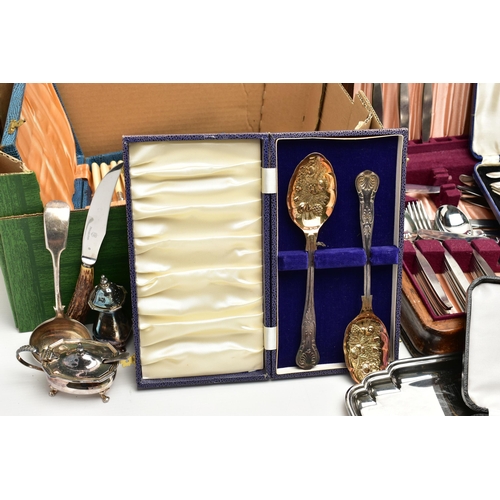 73 - A BOX OF ASSORTED CUTLERY, a large assortment of cutlery, an incomplete wooden canteen, a tray, a co... 