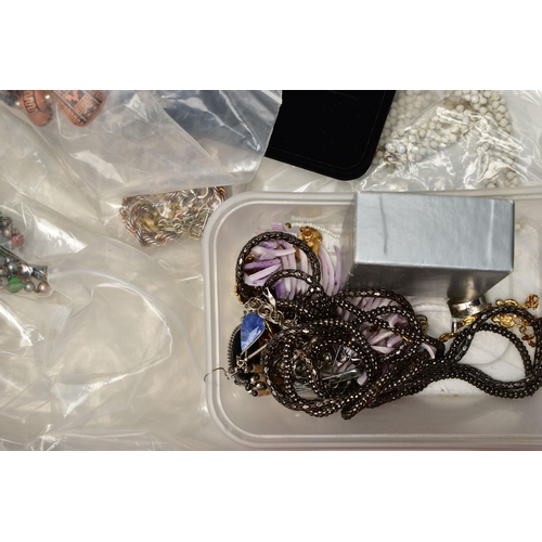 74 - THREE BOXES AND A JEWELLERY BOX OF COSTUME JEWELLERY, to include beaded necklaces, imitation pearl n... 