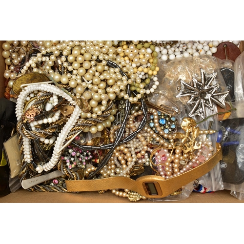 74 - THREE BOXES AND A JEWELLERY BOX OF COSTUME JEWELLERY, to include beaded necklaces, imitation pearl n... 