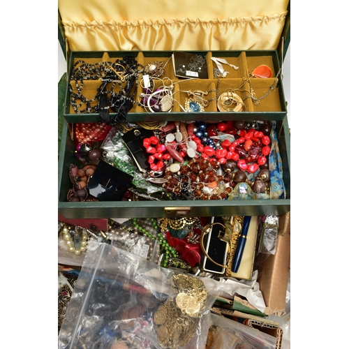 74 - THREE BOXES AND A JEWELLERY BOX OF COSTUME JEWELLERY, to include beaded necklaces, imitation pearl n... 