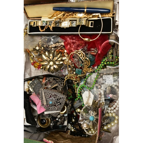 74 - THREE BOXES AND A JEWELLERY BOX OF COSTUME JEWELLERY, to include beaded necklaces, imitation pearl n... 