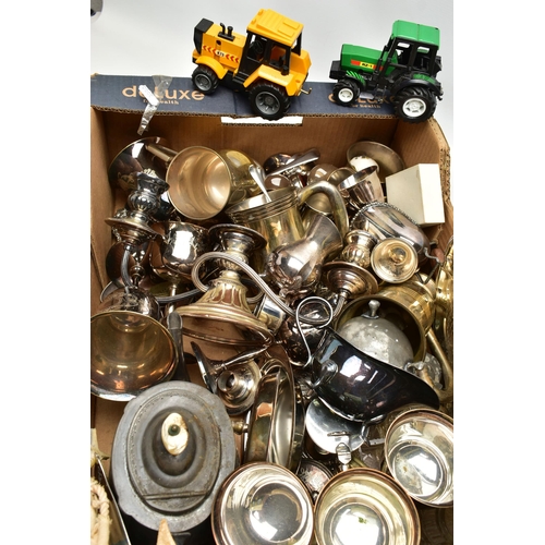 75 - A BOX OF ASSORTED WHITE METAL WARE AND TOY TRACTORS, to include a white metal floral detailed waiter... 