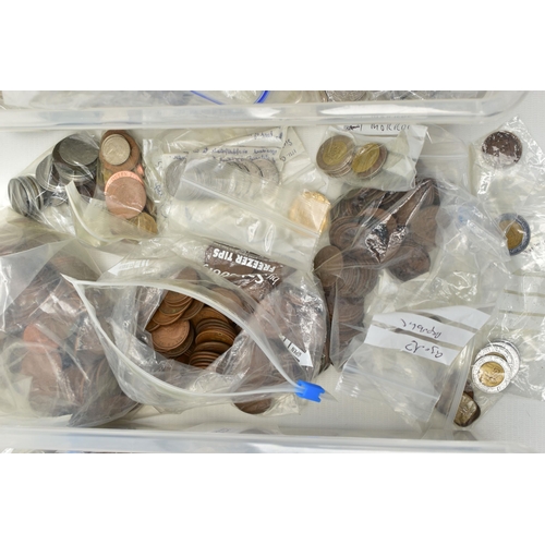 76 - TWO HEAVY PLASTIC BOXES OF COINS, to include a box of mainly 20th century Uk mixed coinage, a Second... 