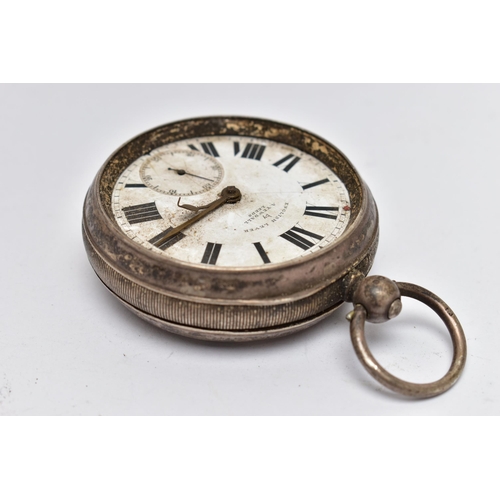 8 - A SILVER OPEN FACE POCKET WATCH, key wound movement, white dial signed 'English Lever by A Yewdall L... 