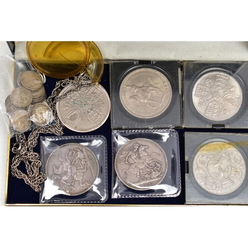 80 - A SMALL BOX CONTAINING COINS AND COMMEMORATIVES, to include 2x Victorian Crown coins 1890, 1900, a s... 