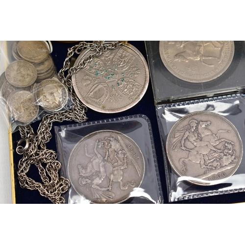 80 - A SMALL BOX CONTAINING COINS AND COMMEMORATIVES, to include 2x Victorian Crown coins 1890, 1900, a s... 