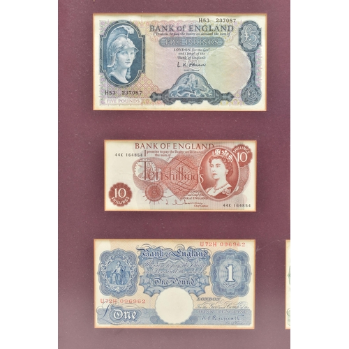 81 - A FRAMED DISPLAY OF SEVERN UK BANKNOTES, with Bank of England Sept 1944 London white Five Pound Pepp... 