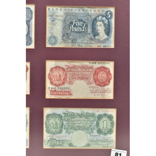 81 - A FRAMED DISPLAY OF SEVERN UK BANKNOTES, with Bank of England Sept 1944 London white Five Pound Pepp... 