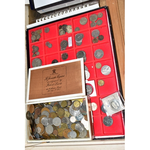 82 - A LARGE QUANTITY OF HEAVY BOXES OF COINS AND BANKNOTES, to include a glazed tray of dozens of UK Fiv... 