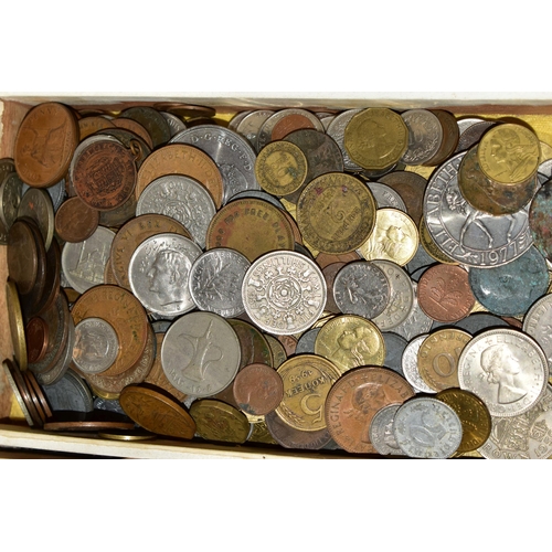 82 - A LARGE QUANTITY OF HEAVY BOXES OF COINS AND BANKNOTES, to include a glazed tray of dozens of UK Fiv... 