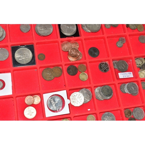 82 - A LARGE QUANTITY OF HEAVY BOXES OF COINS AND BANKNOTES, to include a glazed tray of dozens of UK Fiv... 