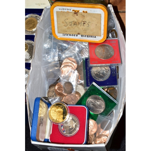 82 - A LARGE QUANTITY OF HEAVY BOXES OF COINS AND BANKNOTES, to include a glazed tray of dozens of UK Fiv... 