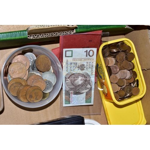 82 - A LARGE QUANTITY OF HEAVY BOXES OF COINS AND BANKNOTES, to include a glazed tray of dozens of UK Fiv... 