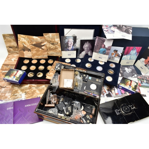 83 - A CARDBOARD BOX CONTAINING COINS AND COMMEMORATIVES, to include a Royal Mint cased set of 17 x Silve... 