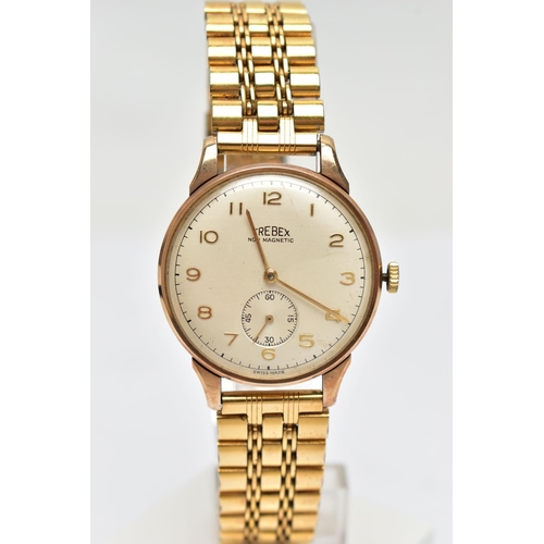 9 - A 9CT GOLD 'TREBEX' WRISTWATCH, hand wound movement, round dial signed 'Trebex non magnetic', Arabic... 