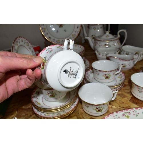 323 - A FIFTY ONE PIECE WEDGWOOD 'BIANCA' R4499 PART DINNER SERVICE, printed 'Williamsburg Commemorative W... 