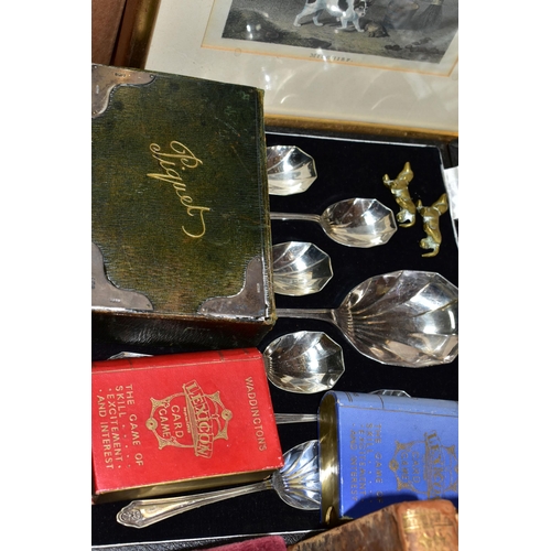 327 - A BOX AND LOOSE PLANTER, BOOKS, PICTURES, METALWARES AND SUNDRY ITEMS, to include a large brass plan... 