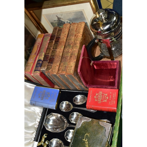 327 - A BOX AND LOOSE PLANTER, BOOKS, PICTURES, METALWARES AND SUNDRY ITEMS, to include a large brass plan... 