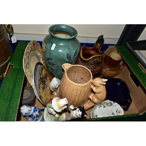 331 - THREE BOXES AND LOOSE METALWARES, CERAMICS, TEDDY BEARS AND SUNDRY ITEMS, to include a large copper ... 