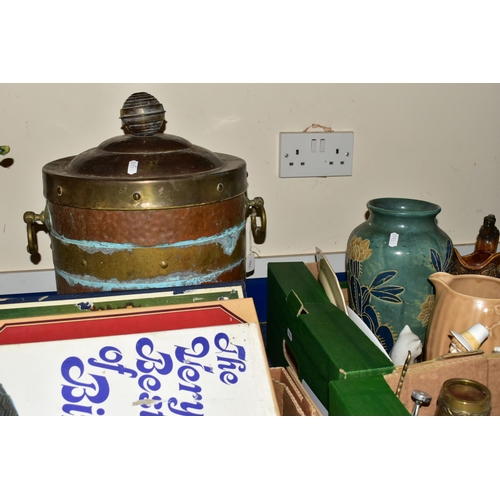 331 - THREE BOXES AND LOOSE METALWARES, CERAMICS, TEDDY BEARS AND SUNDRY ITEMS, to include a large copper ... 